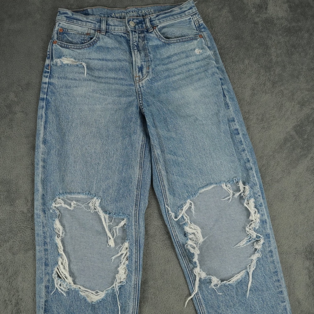 American Eagle Super High-Rise Baggy Straight Jeans Womens 4 Blue Distressed